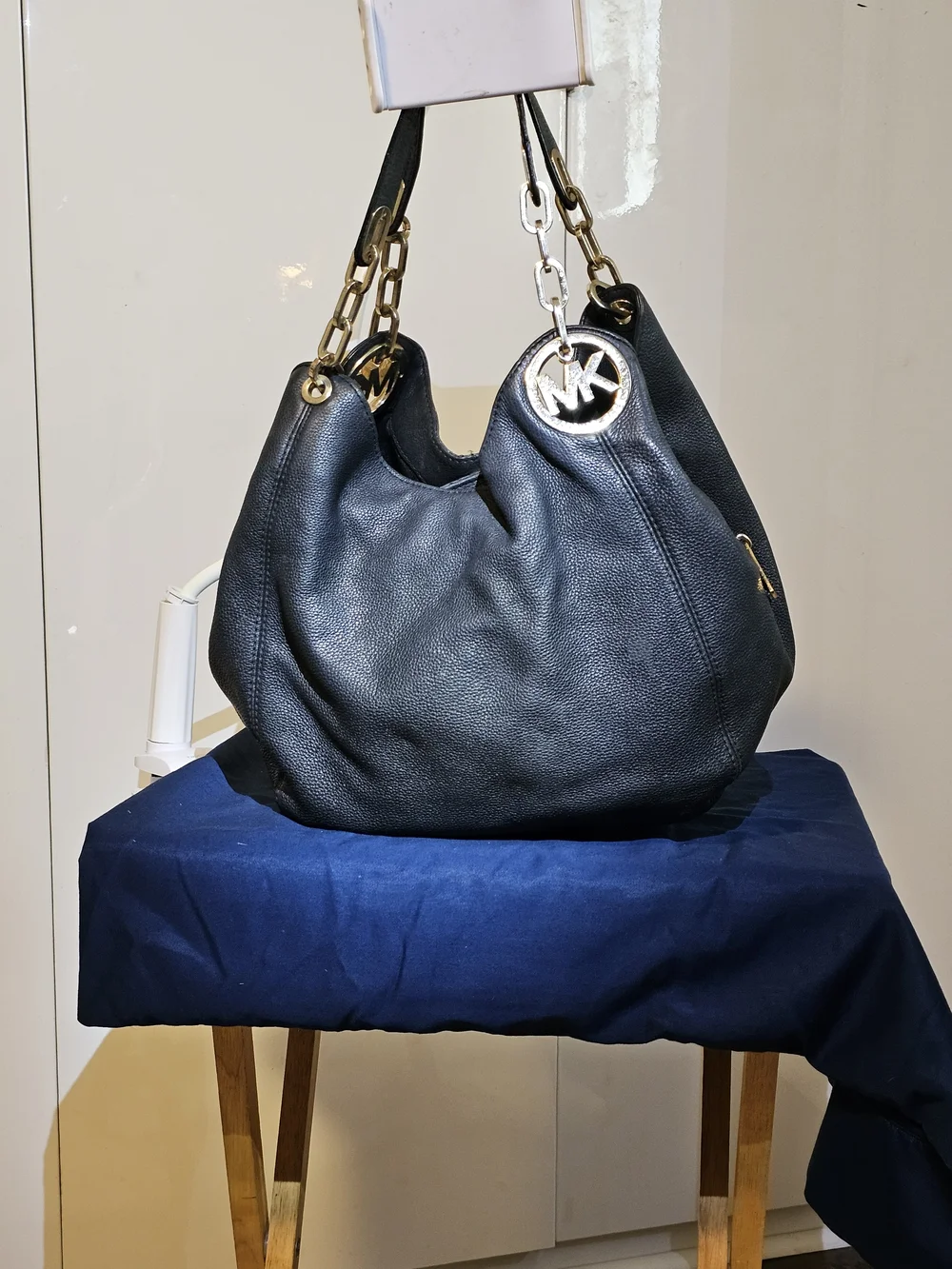Michael Kors Dark Navy Pebbled Leather Chain-Accent Hobo